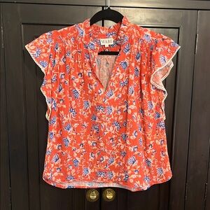 Coral Floral Split-Neck Flutter Sleeve Blouse